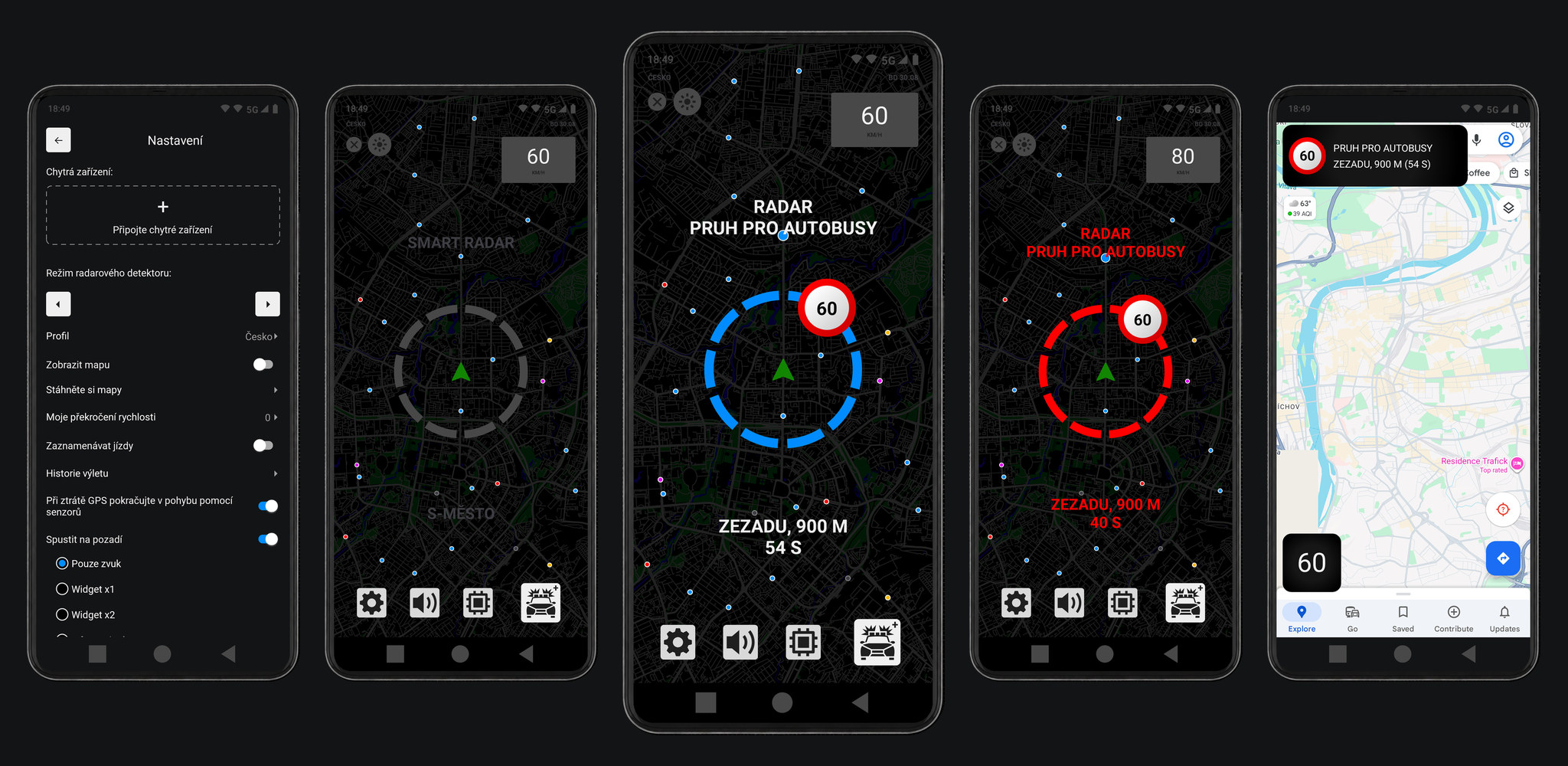 Aplikace Smart Radar na smartphonu a displeji v autě