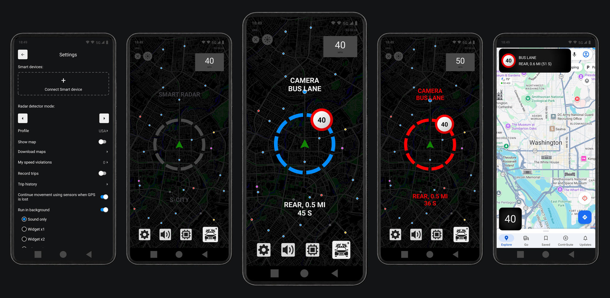Smart Radar app on a smartphone and in-car display