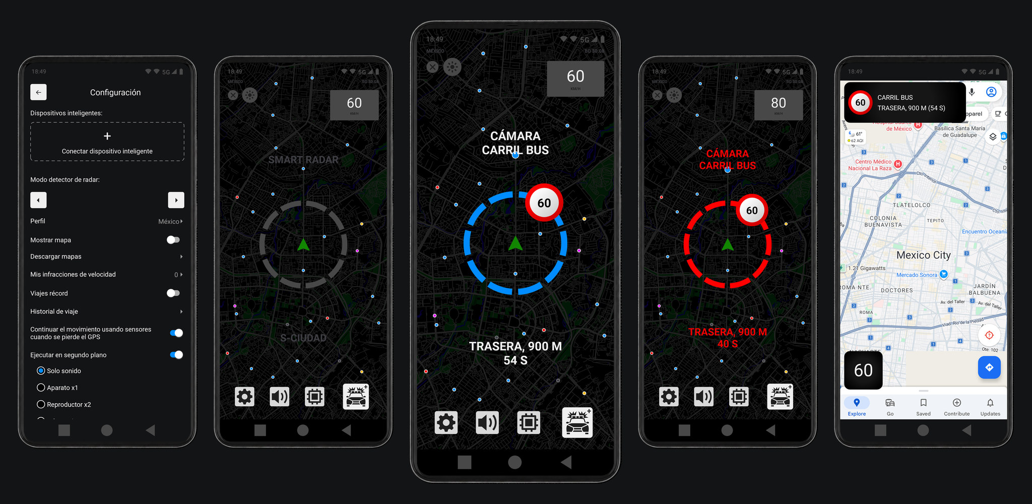 Aplicación Smart Radar en un teléfono inteligente y en la pantalla del automóvil