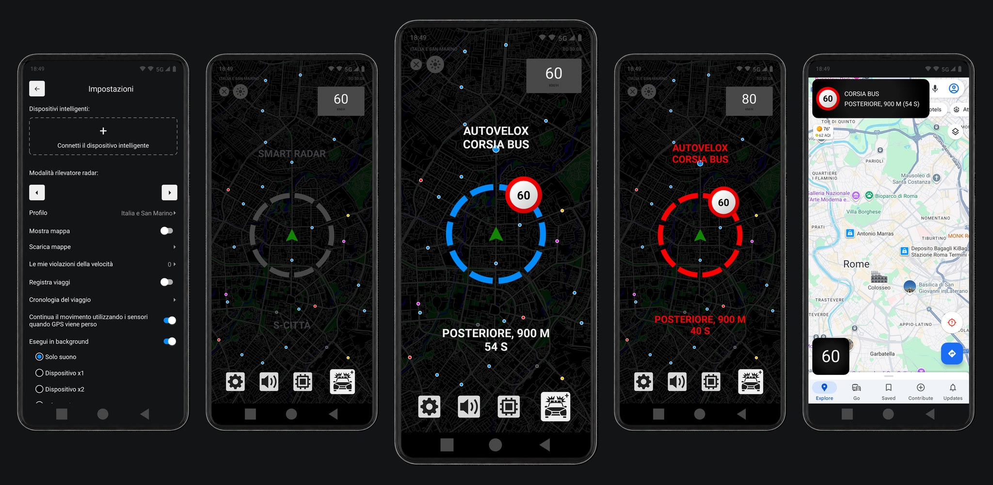 App Smart Radar su smartphone e display dell'auto