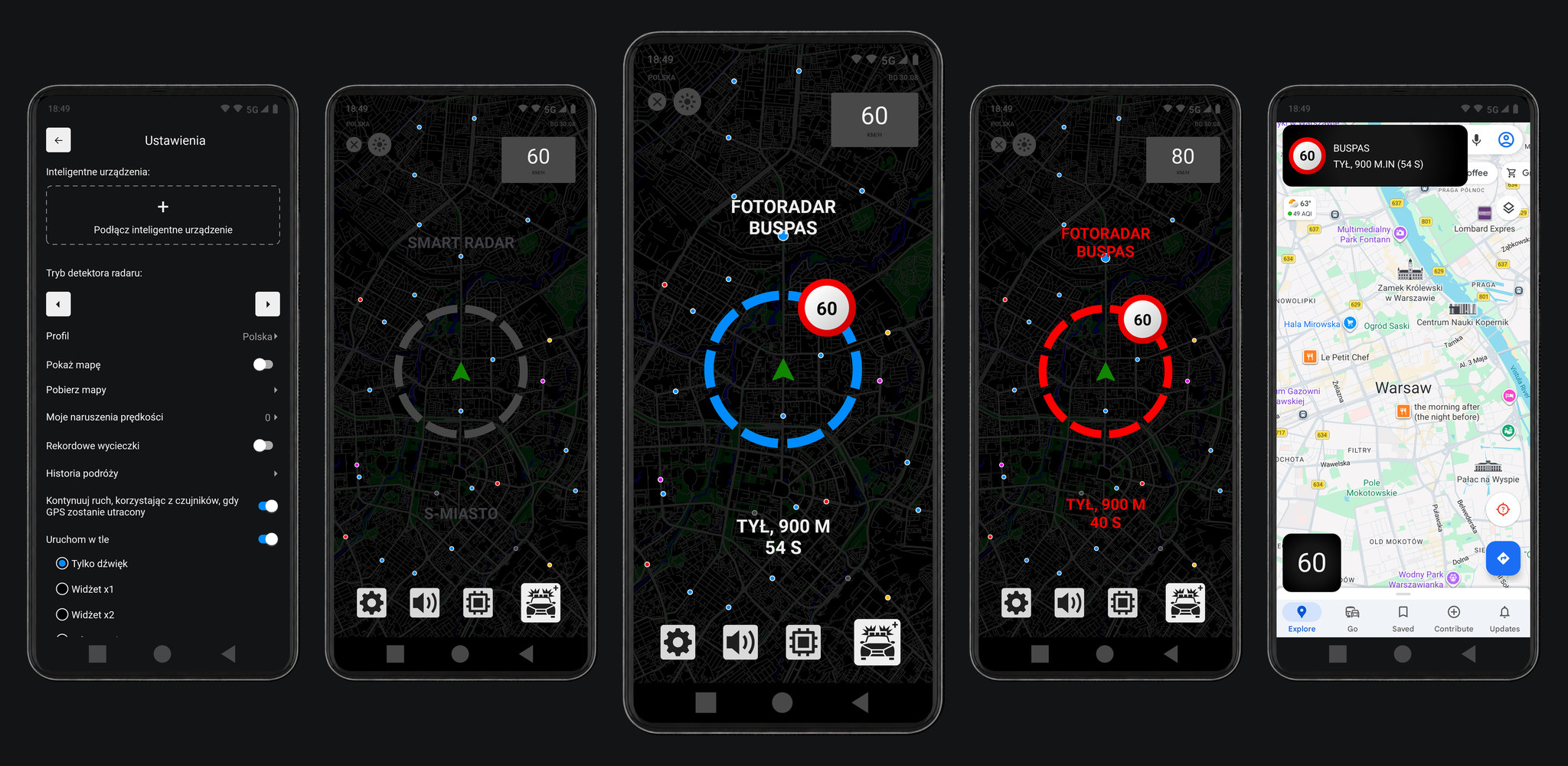 Aplikacja Smart Radar na smartfonie i wyświetlaczu w samochodzie