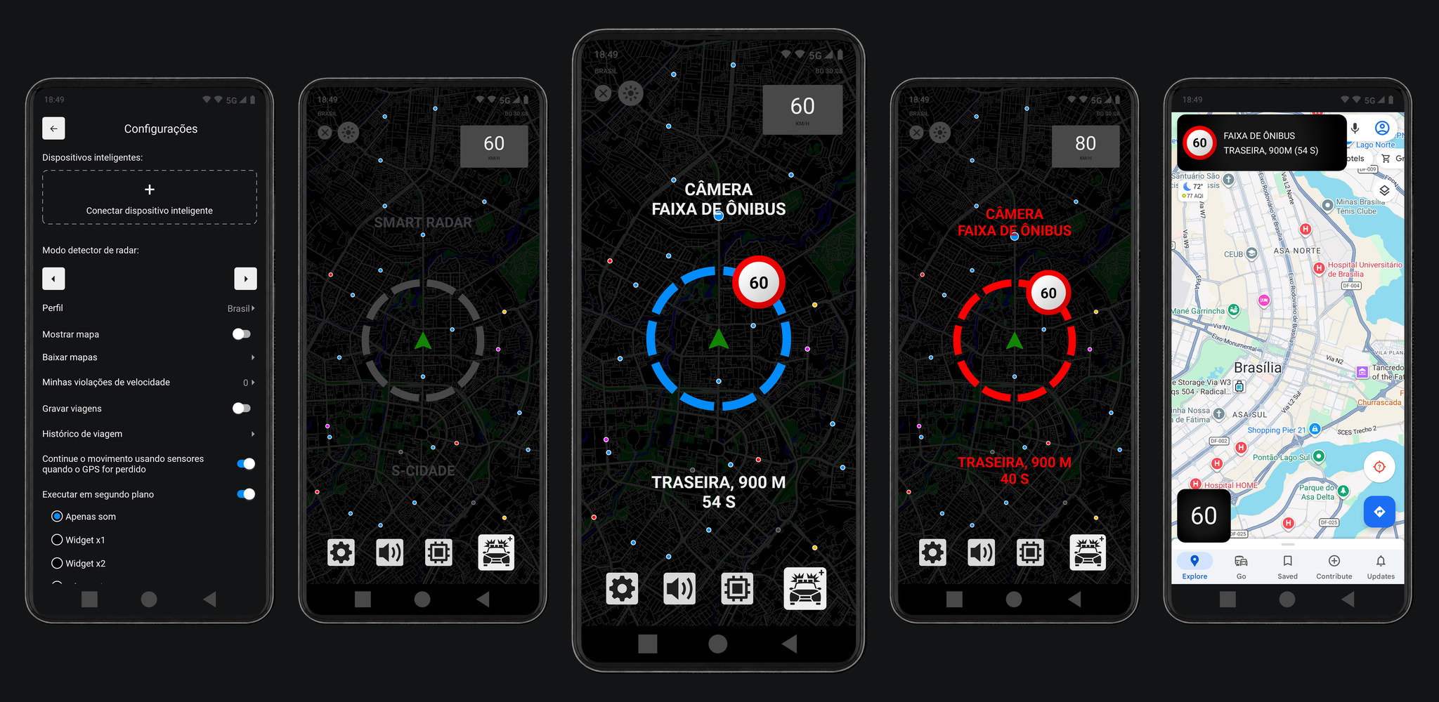 Aplicativo Smart Radar em um smartphone e display no carro