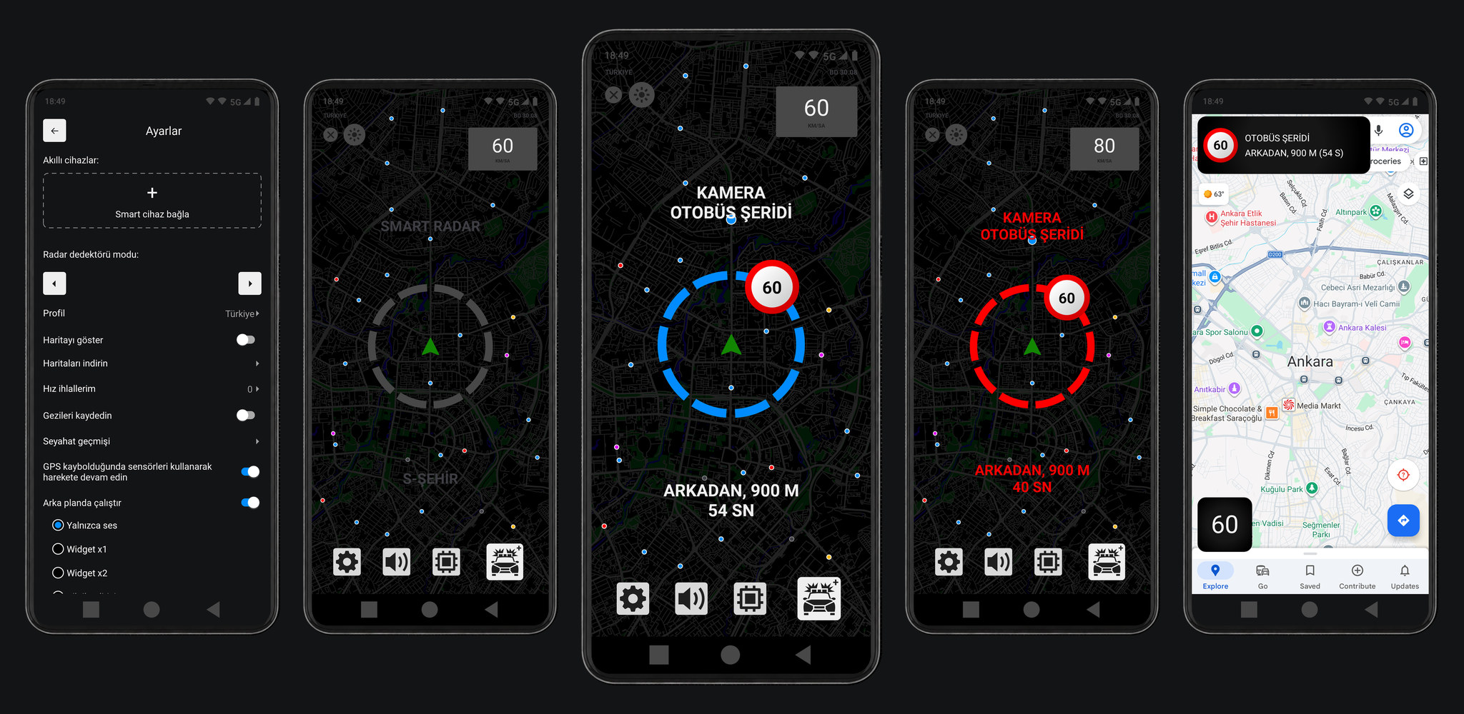 Akıllı telefonda ve araç içi ekranda Smart Radar uygulaması